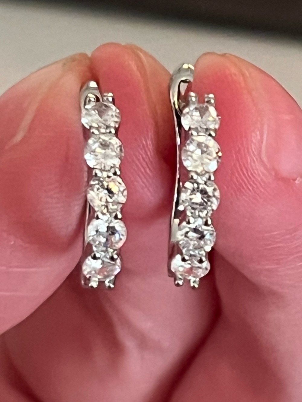 Silver Diamond Huggie Drop Hoop Earrings